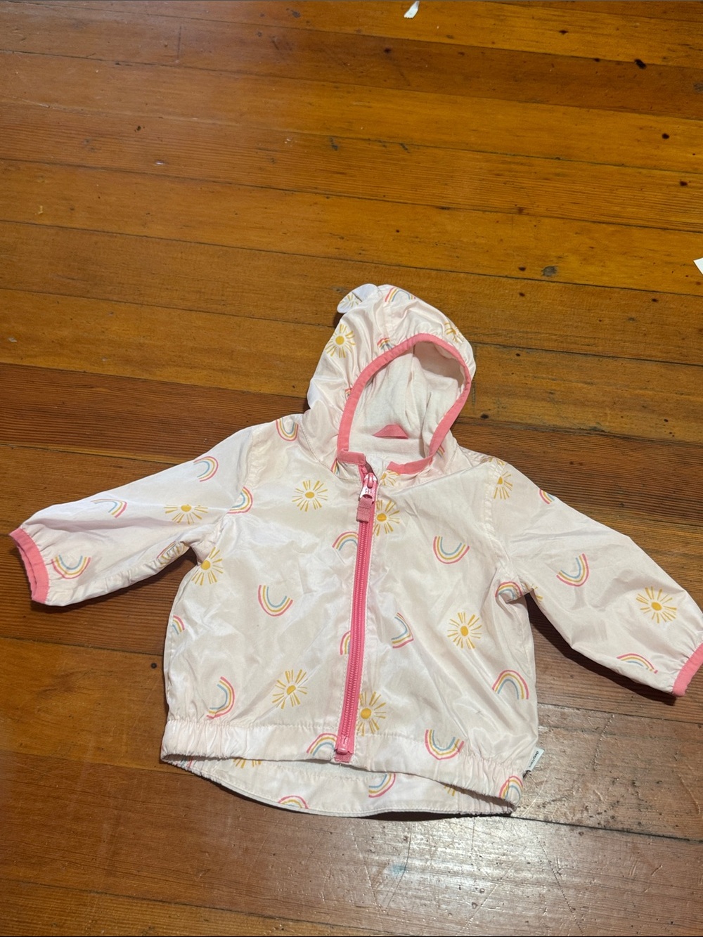GAP White Hooded Raincoat with Pink Trim and Rainbow Print